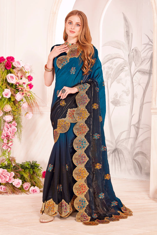 Designer Teal Blue and Black Embroidered Silk Saree 