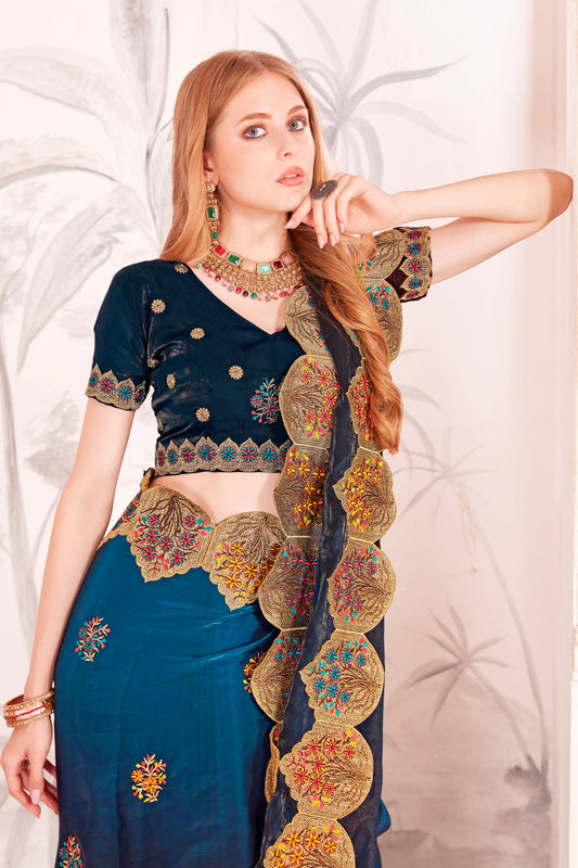 Designer Teal Blue and Black Embroidered Silk Saree