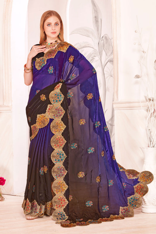 Designer Purple and Black Embroidered Silk Saree with Heavy Golden Border