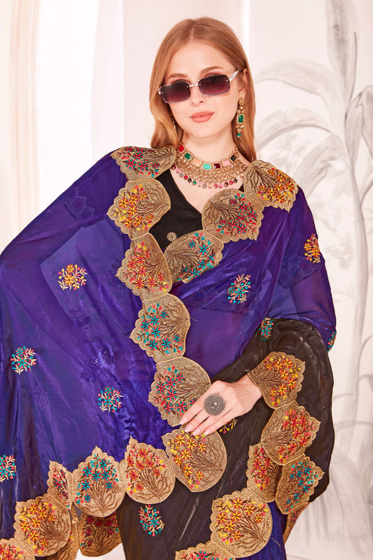 Designer Purple and Black Embroidered Silk Saree with Heavy Golden Border