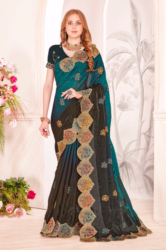 Designer Green and Black Embroidered Silk Saree Border