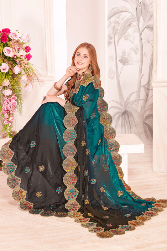Designer Green and Black Embroidered Silk Saree Border