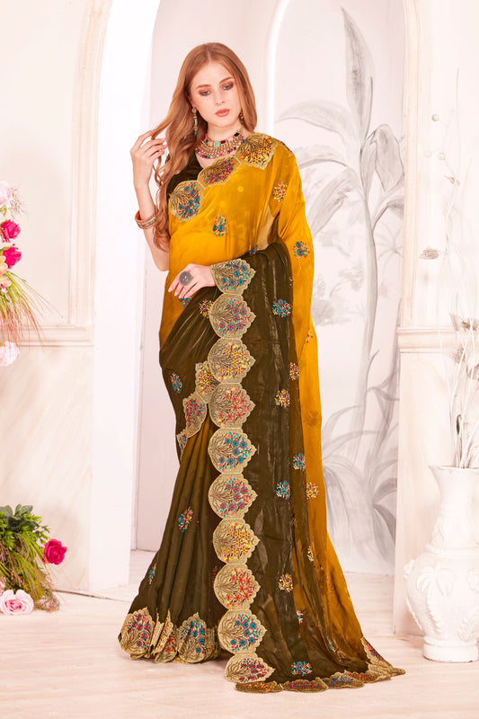 Designer Mustard Yellow and Olive Green Silk Saree  Weddings Parties