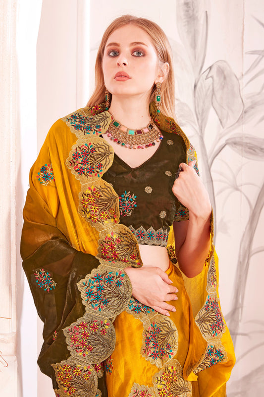 Designer Mustard Yellow and Olive Green Silk Saree  Weddings Parties