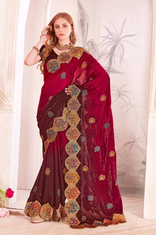 Designer Wine Red and Maroon Silk Saree Blouse Piece for Weddings Parties