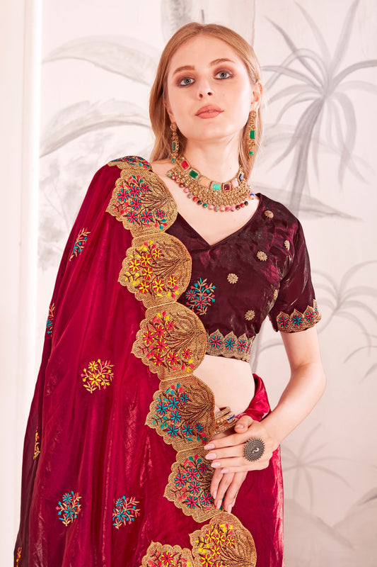 Designer Wine Red and Maroon Silk Saree Blouse Piece for Weddings Parties