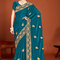 Teal Blue Silk Saree Matching Blouse Designer Wedding Party Wear Saree 