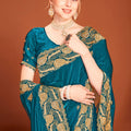 Teal Blue Silk Saree Matching Blouse Designer Wedding Party Wear Saree