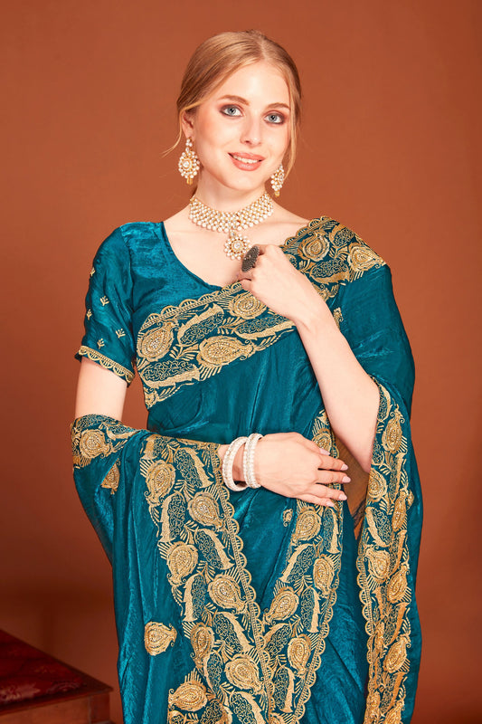 Teal Blue Silk Saree Matching Blouse Designer Wedding Party Wear Saree