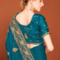 Teal Blue Silk Saree Matching Blouse Designer Wedding Party Wear Saree