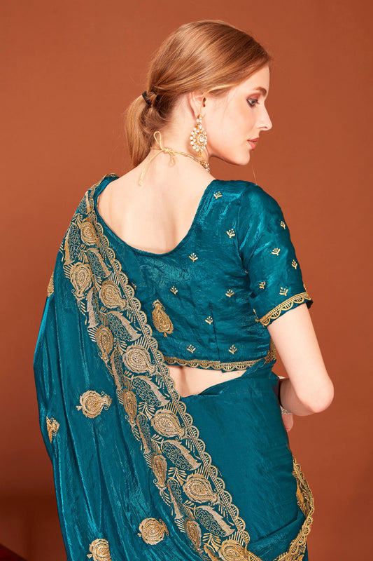 Teal Blue Silk Saree Matching Blouse Designer Wedding Party Wear Saree