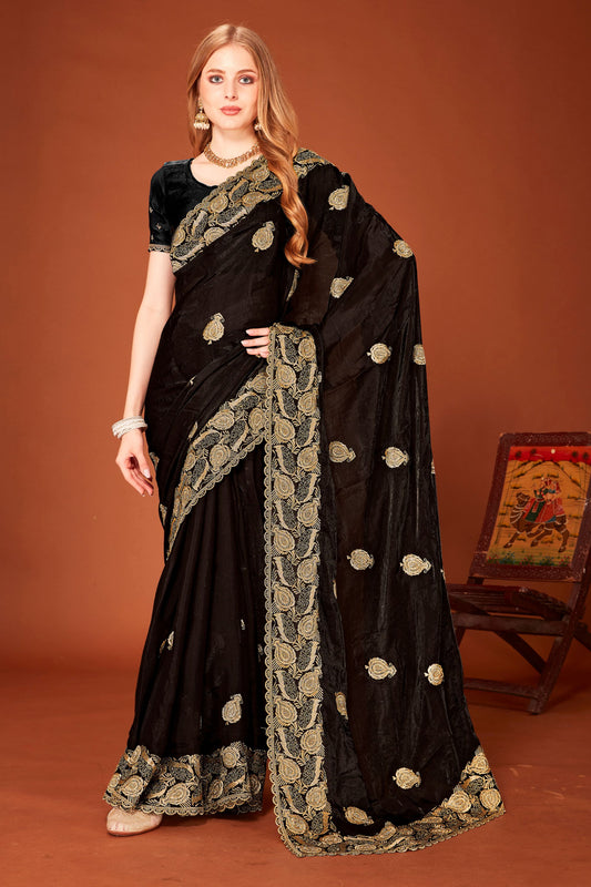 Elegant Black Silk Saree Designer Border Wedding Party Wear Saree
