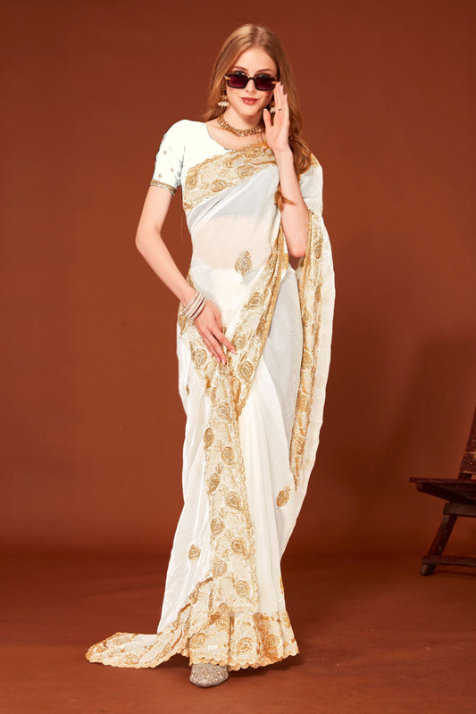 Elegant White Silk Saree Designer Border Wedding, Party & Festive Wear