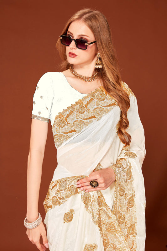 Elegant White Silk Saree Designer Border Wedding, Party & Festive Wear