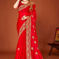 Designer Red Silk Saree Heavy Border Wedding Party Wear Saree