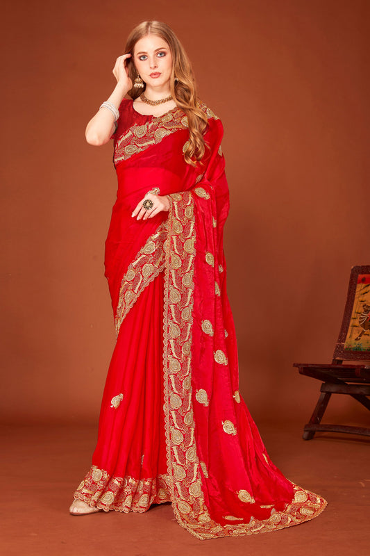 Designer Red Silk Saree Heavy Border Wedding Party Wear Saree