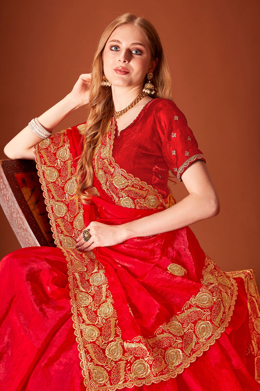 Designer Red Silk Saree Heavy Border Wedding Party Wear Saree