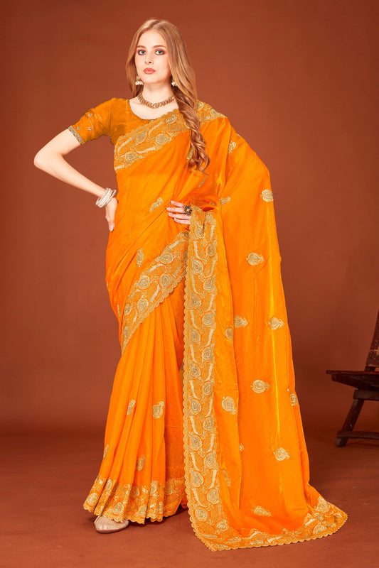 Designer Orange Silk Saree For Wedding and Party Wear