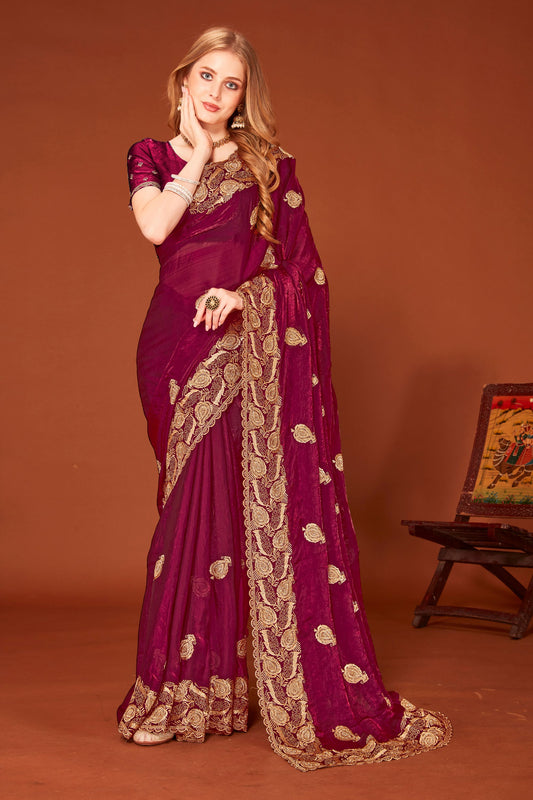 Designer Maroon Silk Saree for Wedding and Party Wear