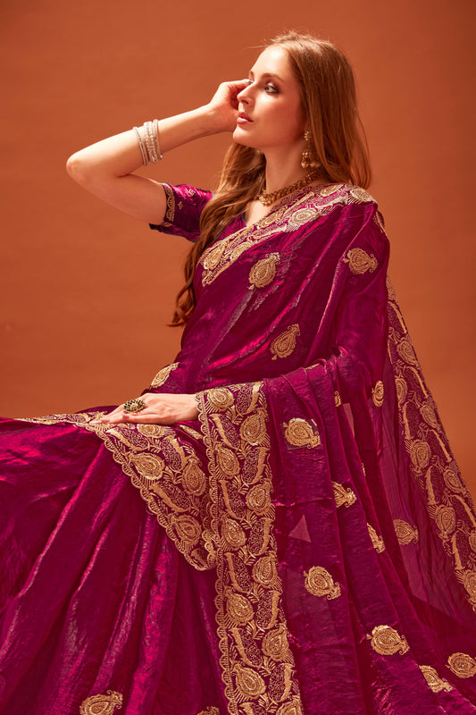 Designer Maroon Silk Saree for Wedding and Party Wear