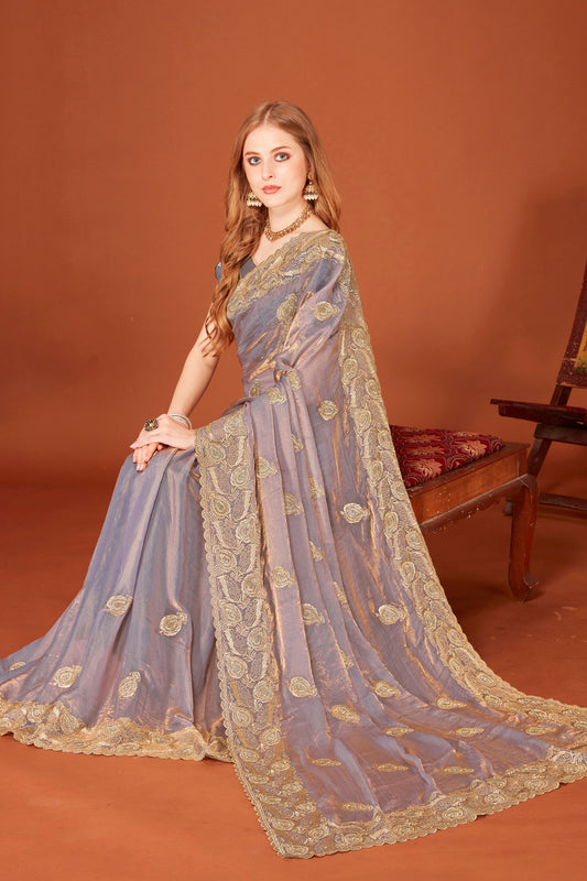 Elegant Grey Organza Saree Party Wear Wedding Saree