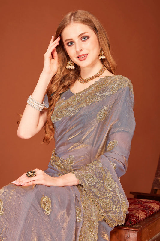 Elegant Grey Organza Saree Party Wear Wedding Saree