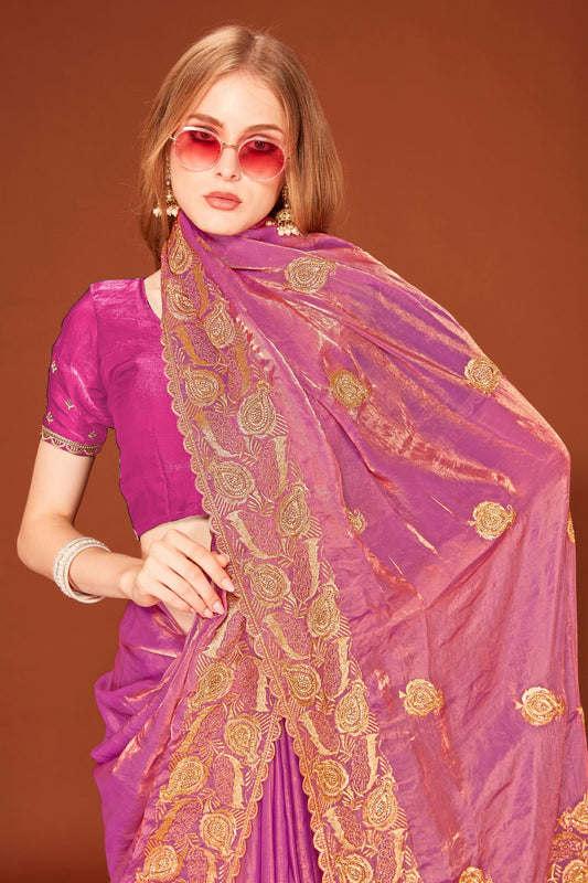 Designer Purple Organza Saree  Wedding Party Wear Saree