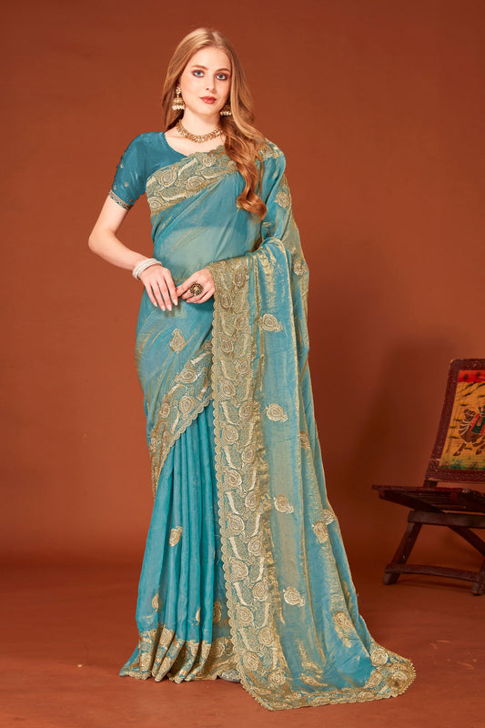 Elegant Turquoise Blue Silk Saree Designer Border for Wedding Party Wear