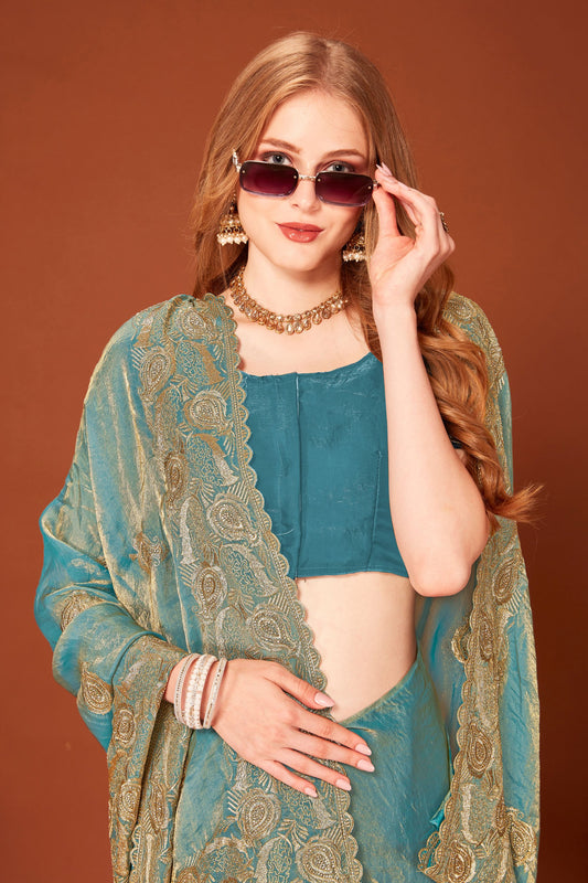 Elegant Turquoise Blue Silk Saree Designer Border for Wedding Party Wear