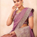 Dusty Lavender Embroidered Silk Saree with Zari Border Matching Blouse