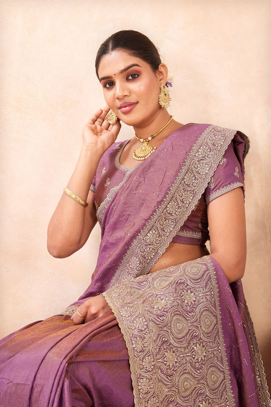 Dusty Lavender Embroidered Silk Saree with Zari Border Matching Blouse