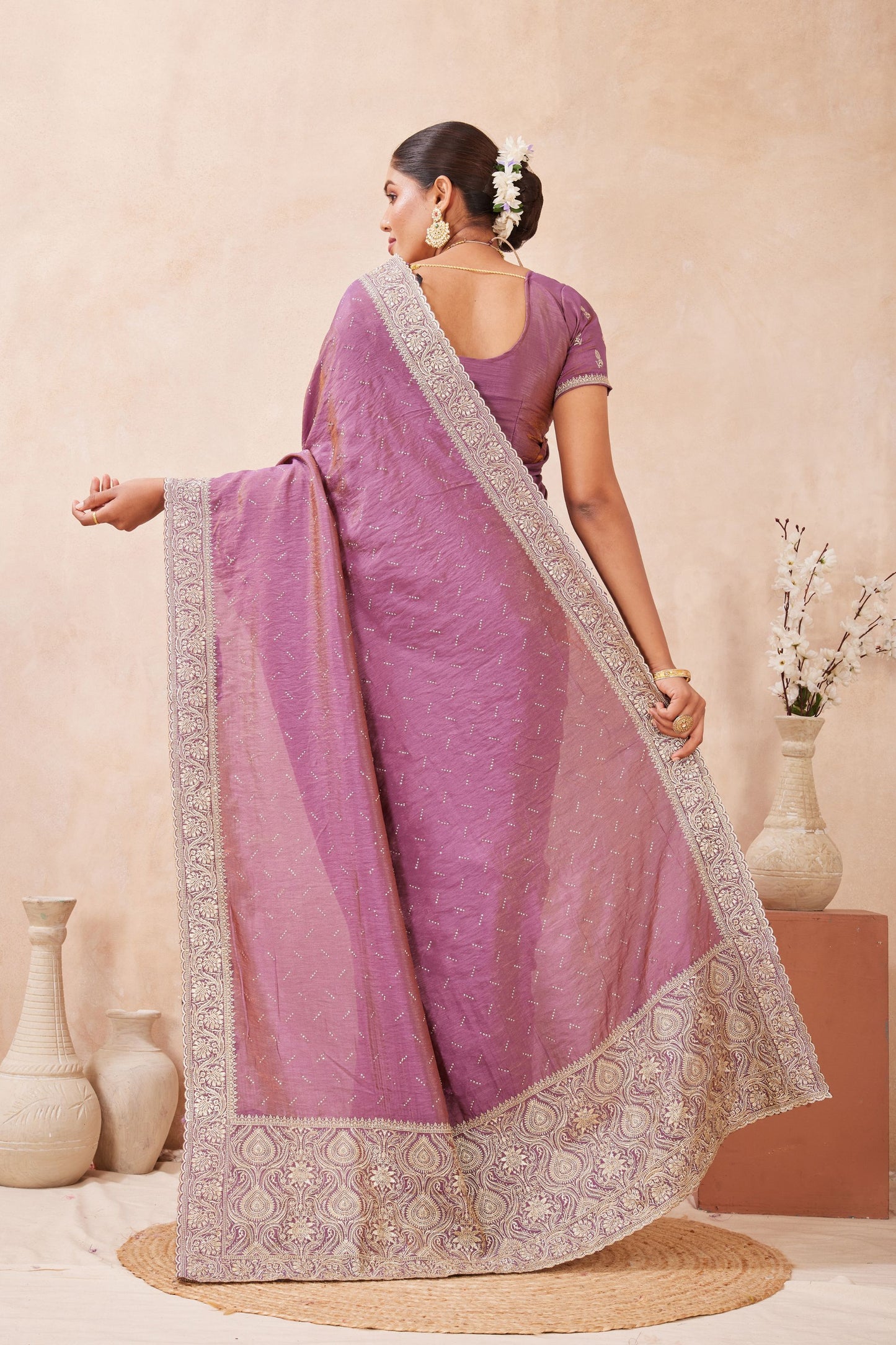 Dusty Lavender Embroidered Silk Saree with Zari Border Matching Blouse