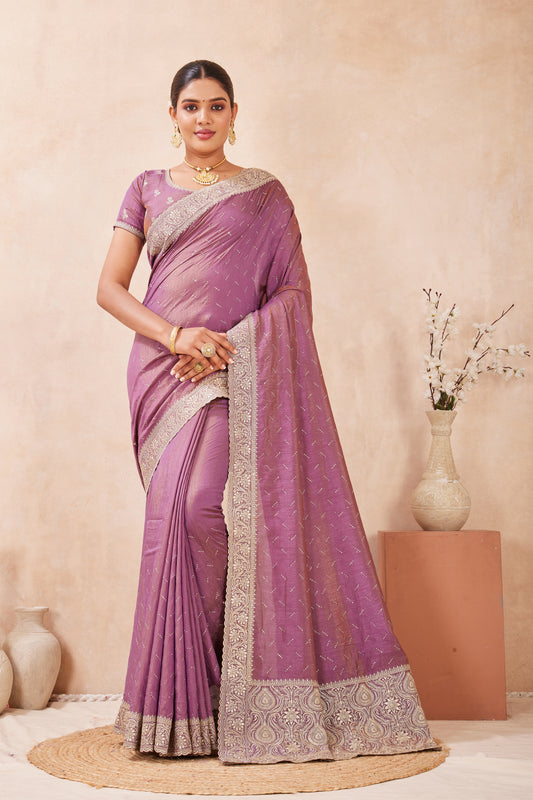 Dusty Lavender Embroidered Silk Saree with Zari Border Matching Blouse