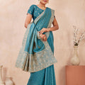 Teal Blue Embroidered Silk Saree with  Zari Border Blouse