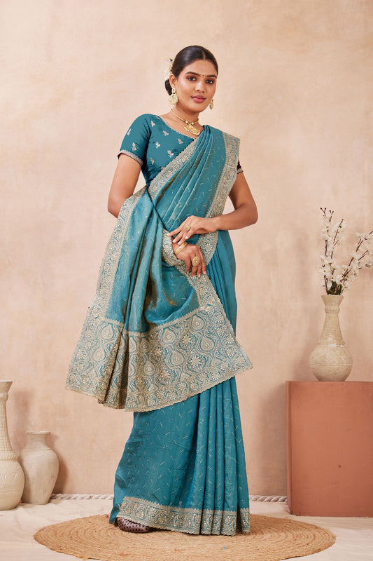Teal Blue Embroidered Silk Saree with  Zari Border Blouse