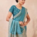 Teal Blue Embroidered Silk Saree with  Zari Border Blouse
