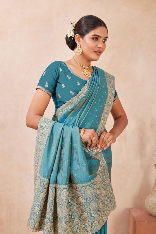 Teal Blue Embroidered Silk Saree with  Zari Border Blouse