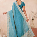 Teal Blue Embroidered Silk Saree with  Zari Border Blouse