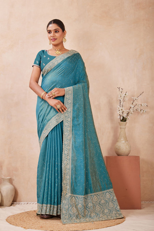 Teal Blue Embroidered Silk Saree with  Zari Border Blouse
