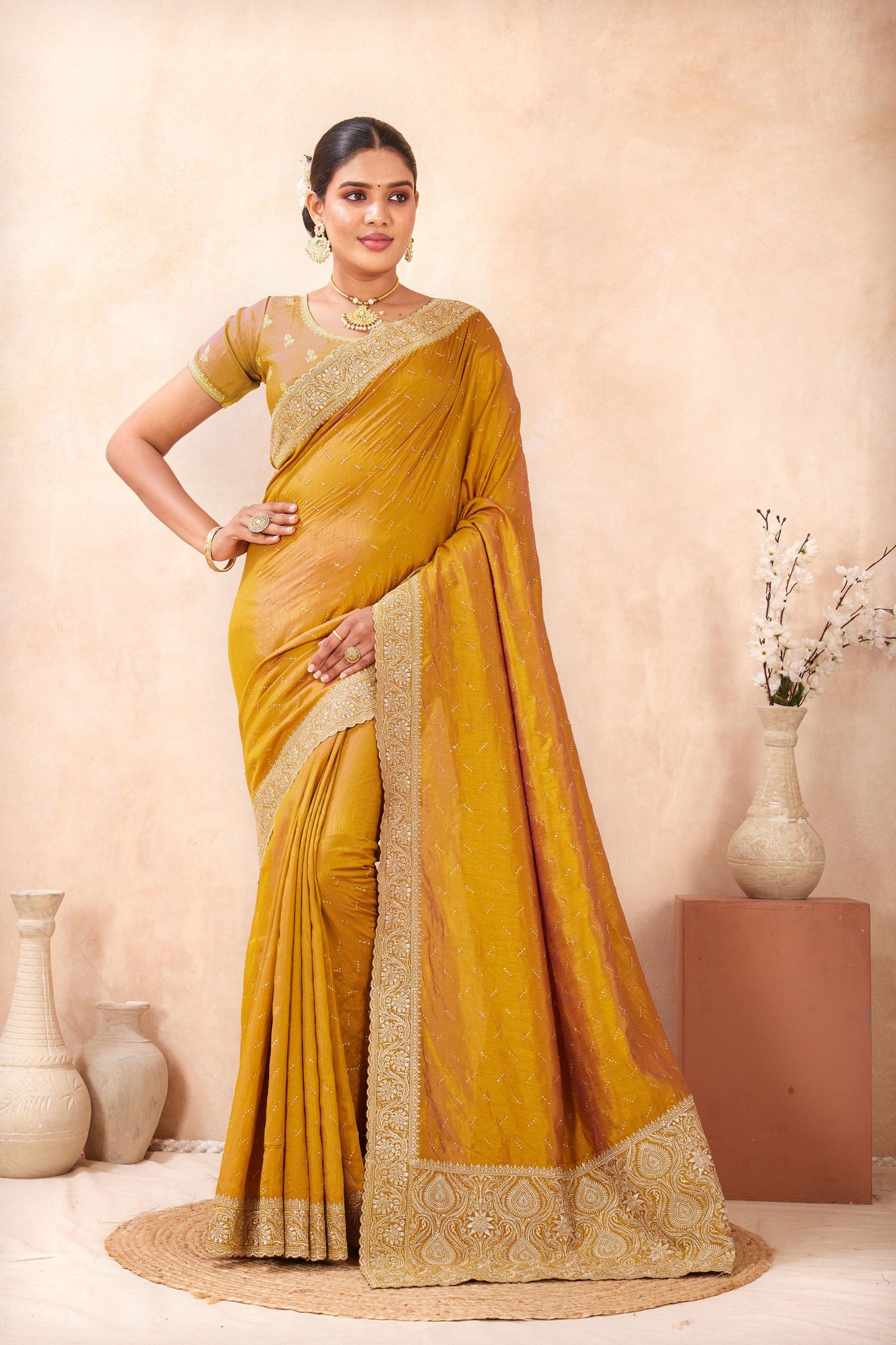 Mustard Yellow Embroidered Silk Saree with Heavy Zari Border Blouse