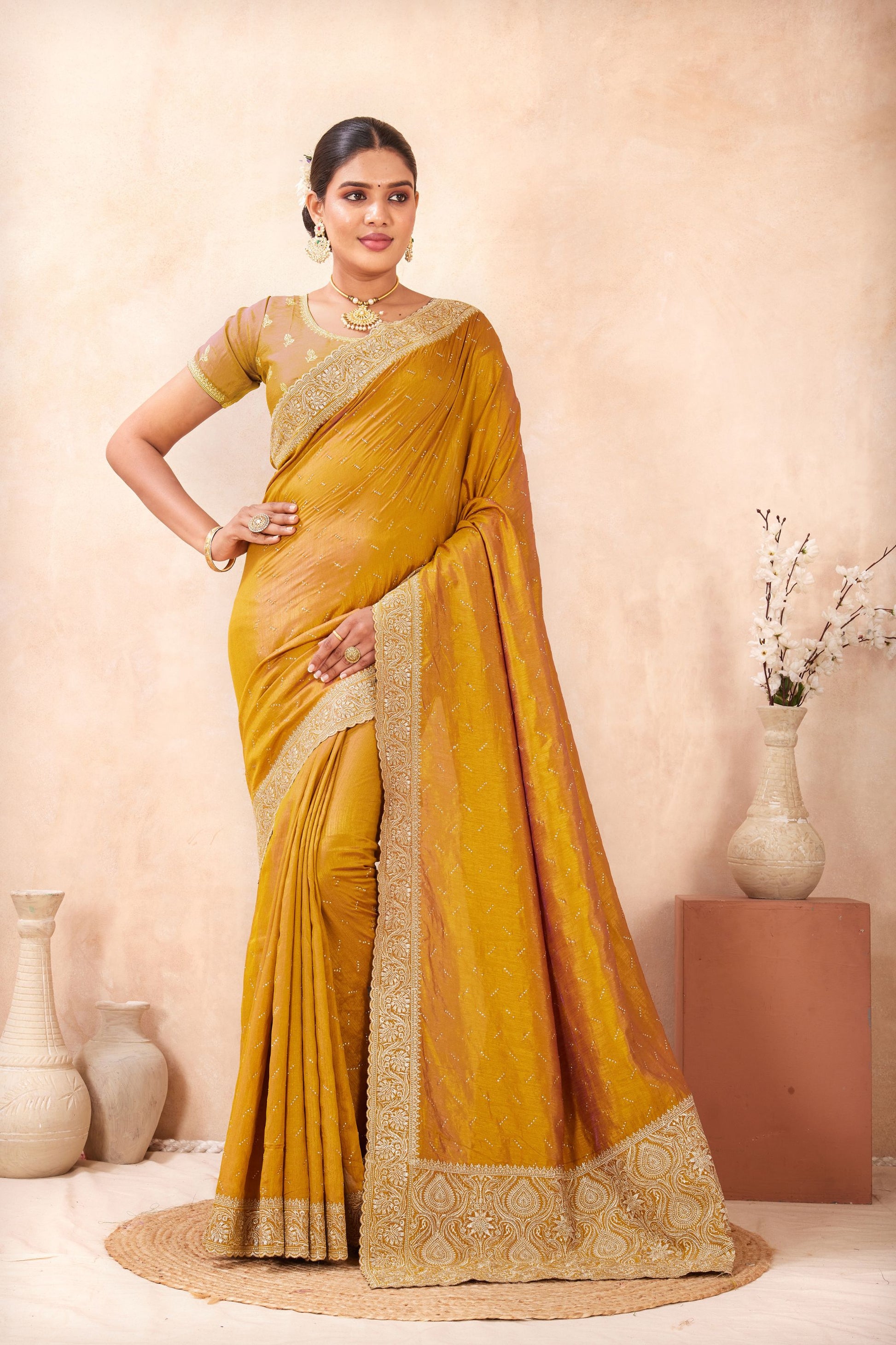 Mustard Yellow Embroidered Silk Saree with Heavy Zari Border Blouse