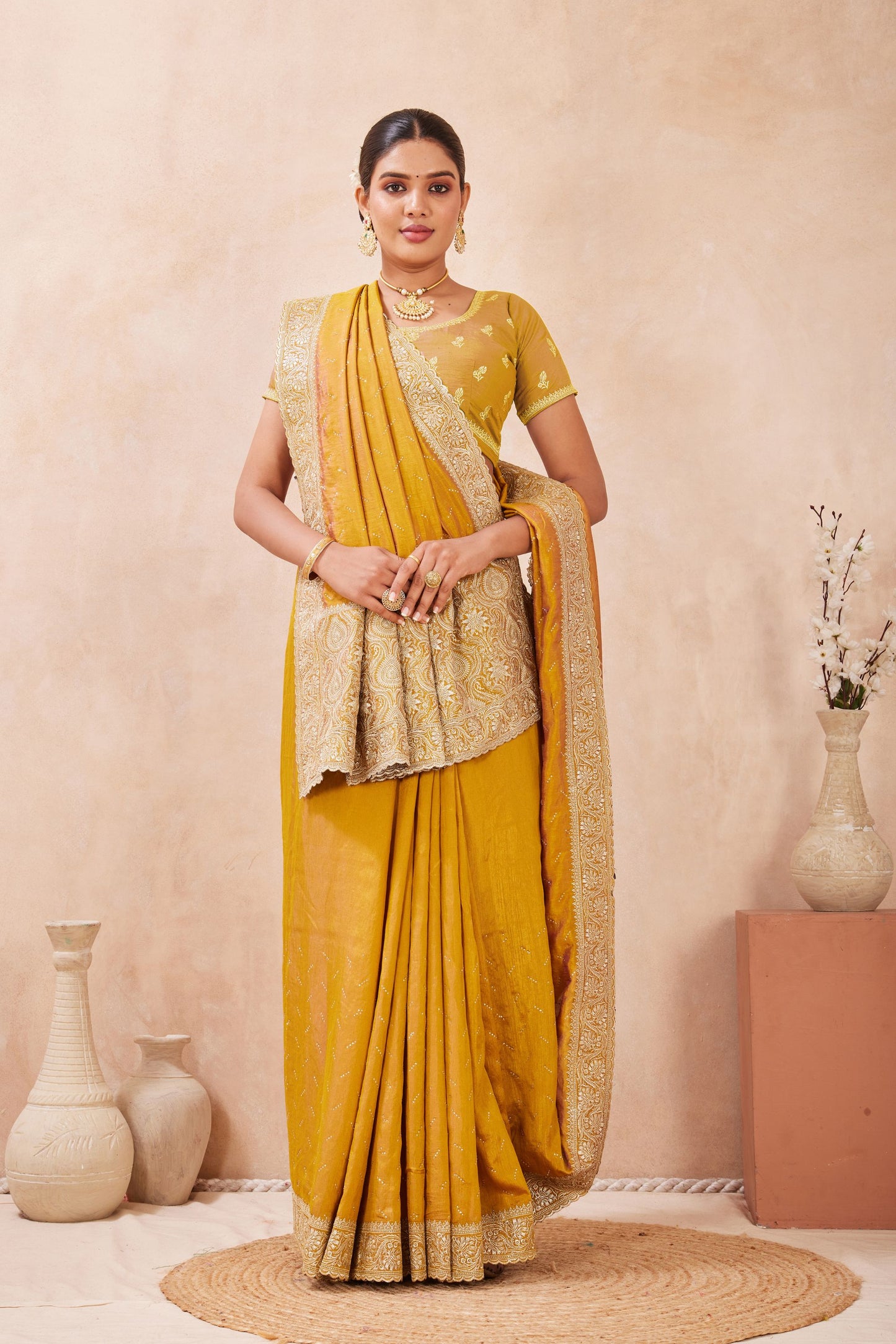 Mustard Yellow Embroidered Silk Saree with Heavy Zari Border Blouse