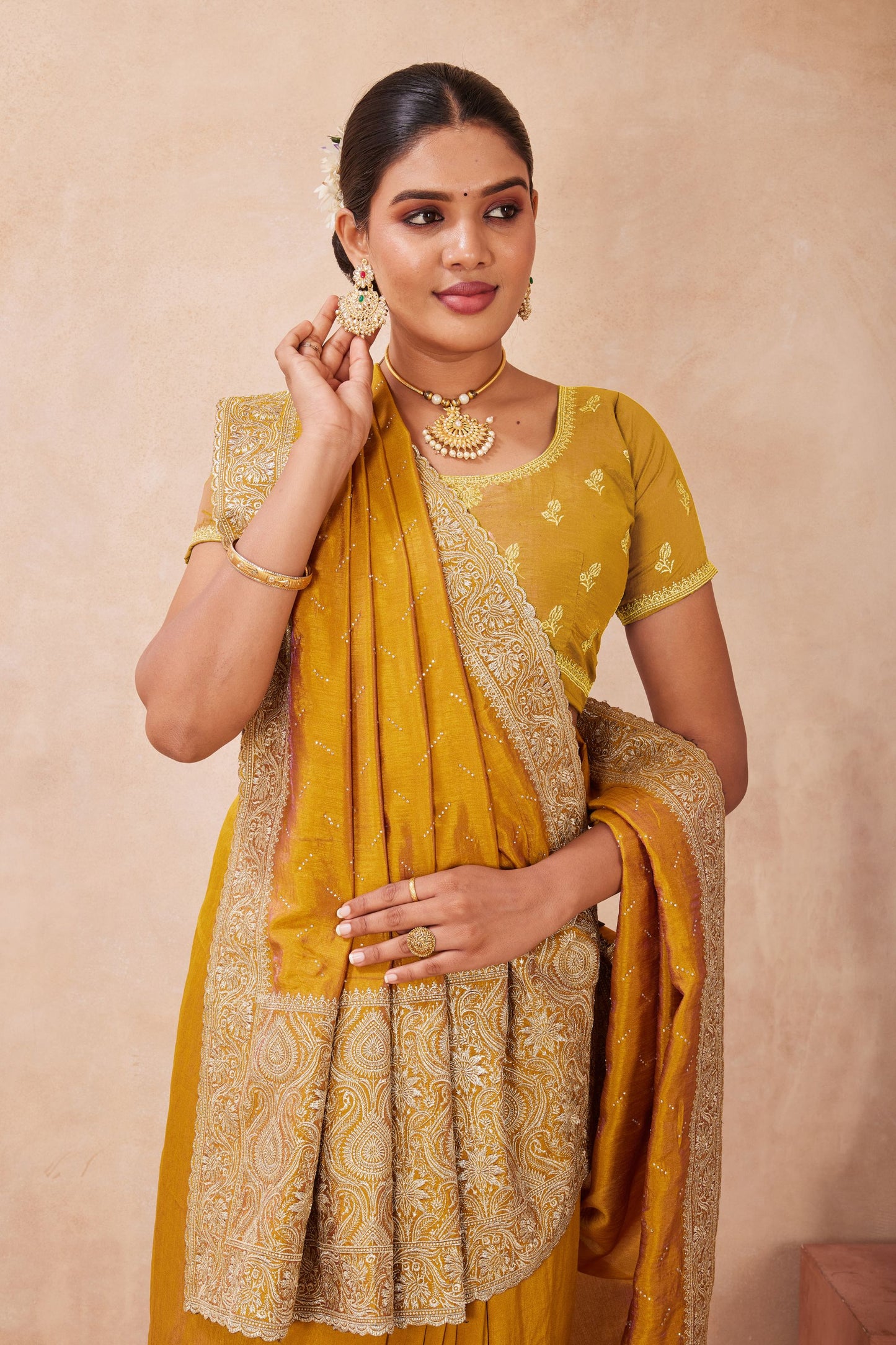 Mustard Yellow Embroidered Silk Saree with Heavy Zari Border Blouse