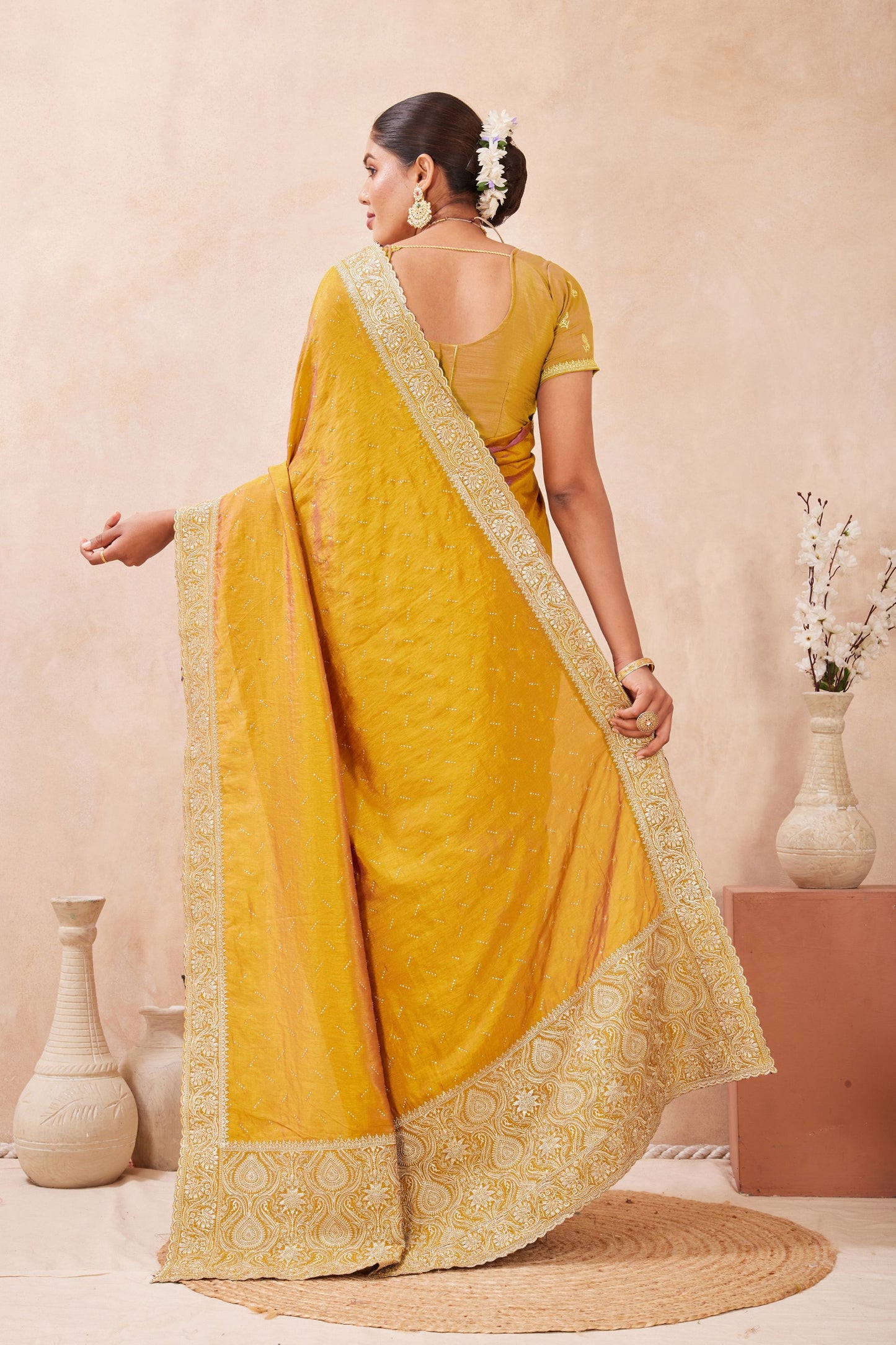 Mustard Yellow Embroidered Silk Saree with Heavy Zari Border Blouse