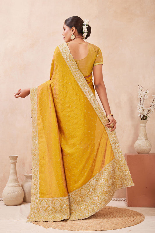 Mustard Yellow Embroidered Silk Saree with Heavy Zari Border Blouse