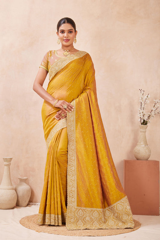 Mustard Yellow Embroidered Silk Saree with Heavy Zari Border Blouse