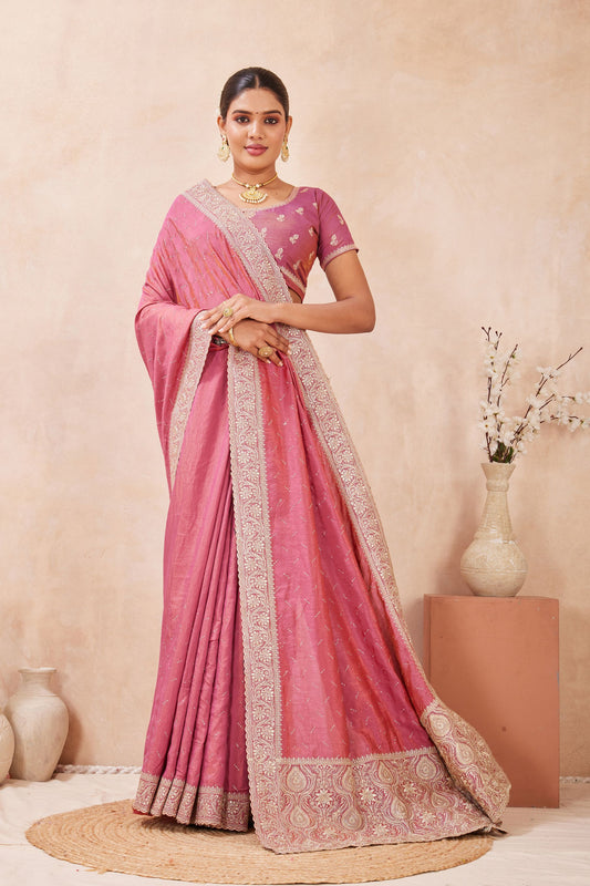 Pink Embroidered Silk Saree with Heavy Zari Border Blouse
