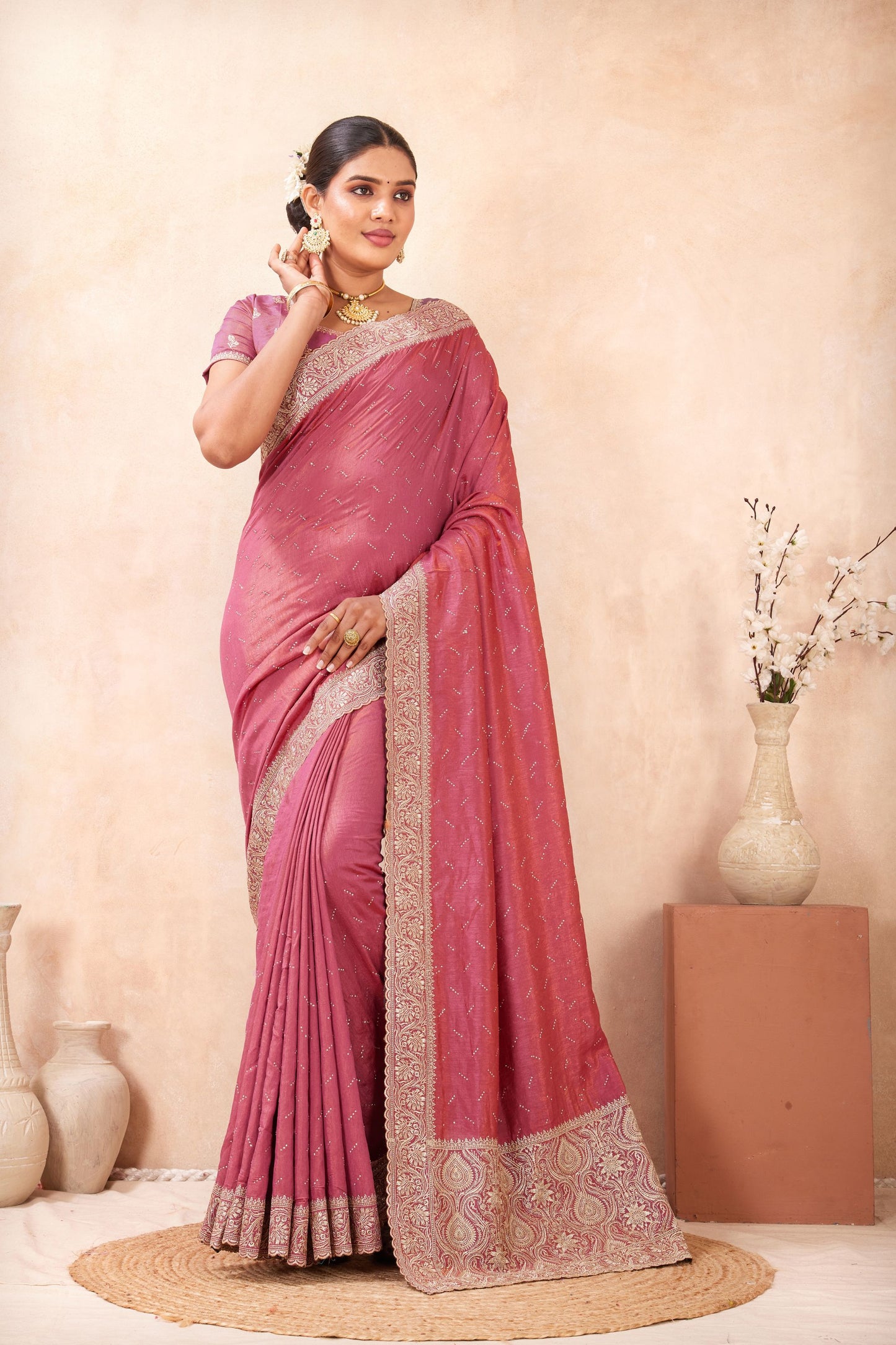Pink Embroidered Silk Saree with Heavy Zari Border Blouse