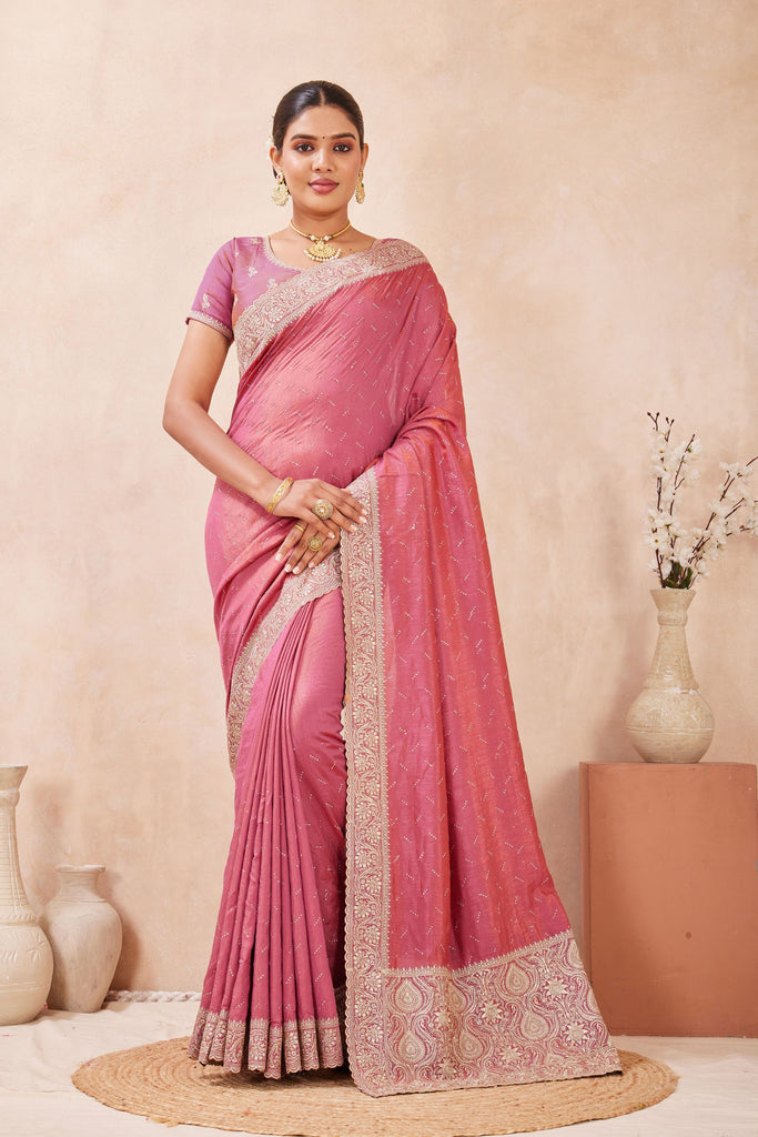 Pink Embroidered Silk Saree with Heavy Zari Border Blouse