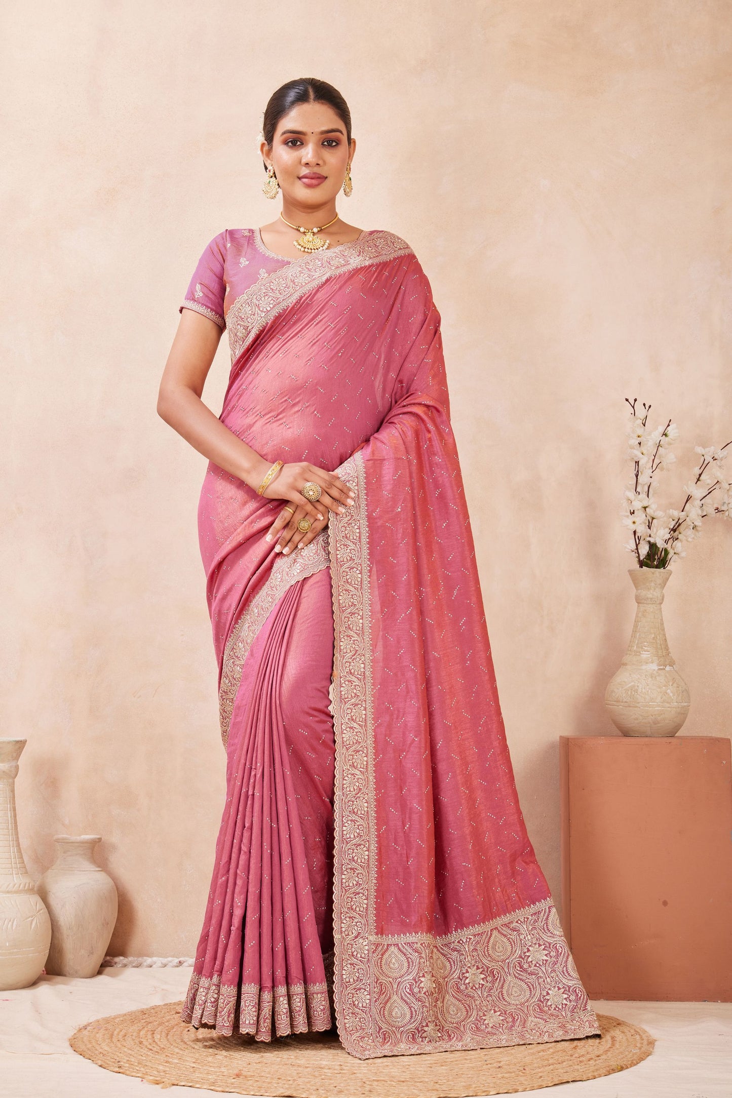 Pink Embroidered Silk Saree with Heavy Zari Border Blouse